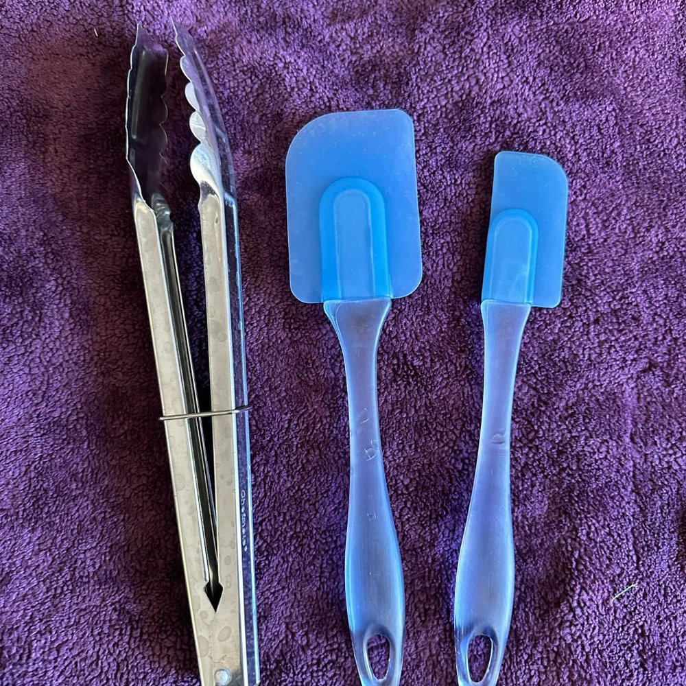 Set of 3 Black Kitchen Utensils: Metal Tongs & 2 Blue Silicone Spatulas